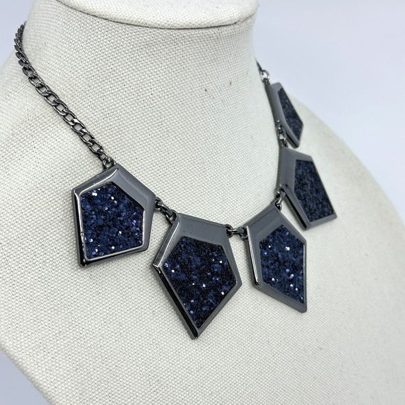 Express Necklace Statement Gray Blue Glitter Geometric Statement - Picture 2 of 12